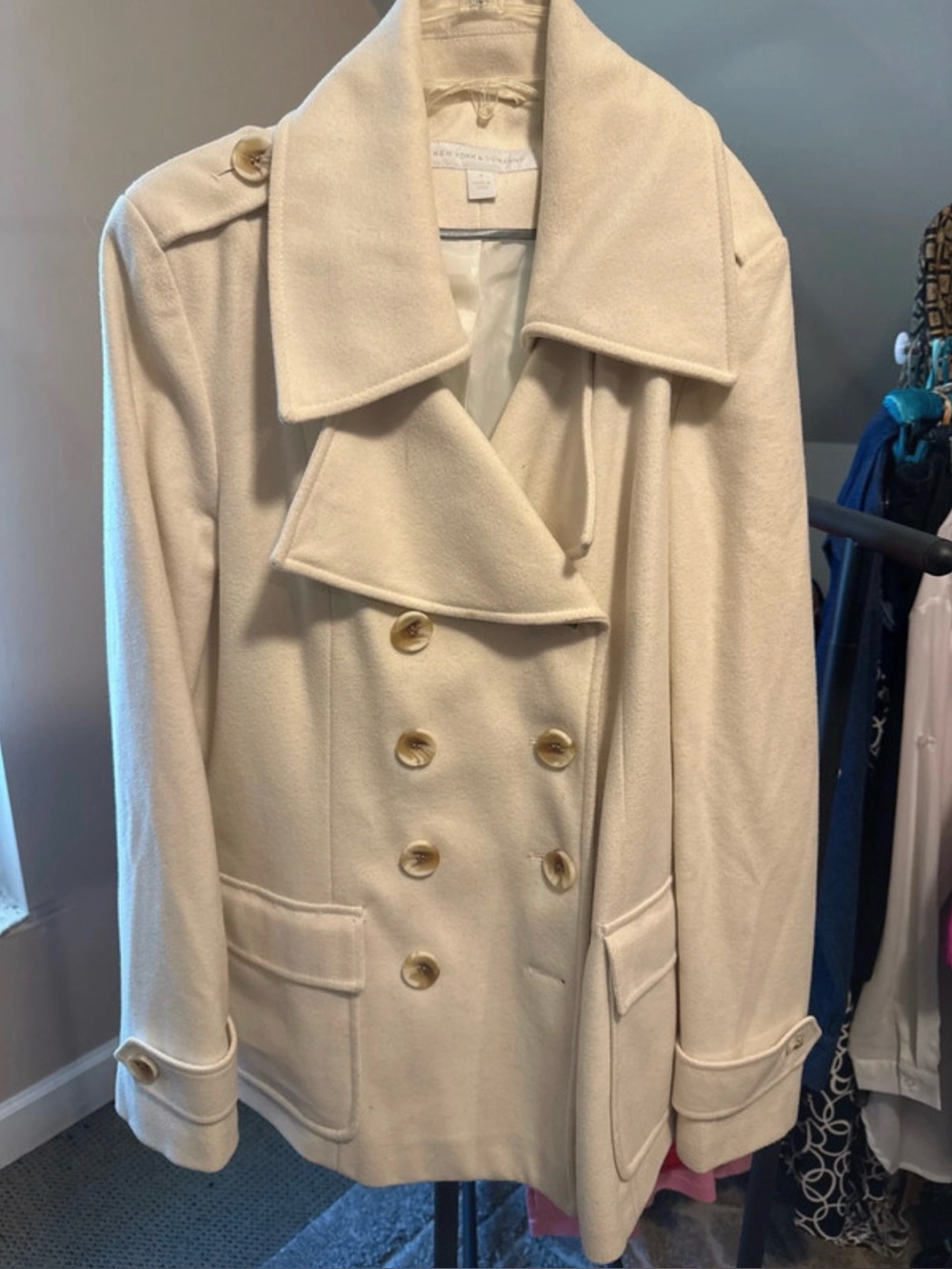 New York & Company Cream Double-Breasted Peacoat